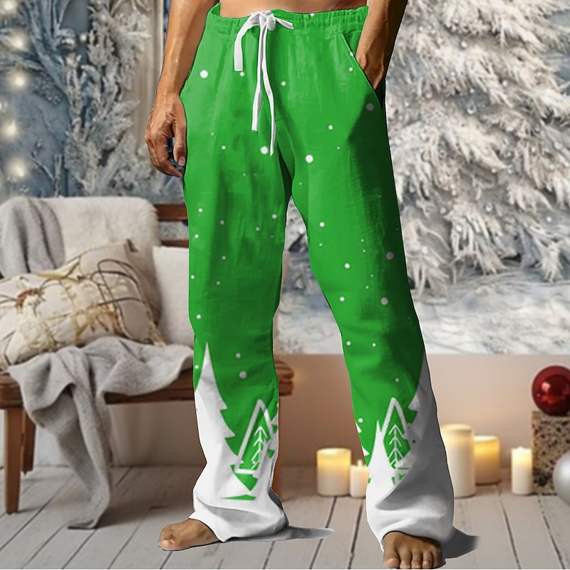 Christmas Men's Snowflake Pants Trousers Mid Waist Drawstring Elastic Waist Hawaiian Casual Outdoor Party Evening Wear Holiday Straight Leg Trousers Summer Spring Fall 3D Print Black Red Blue2