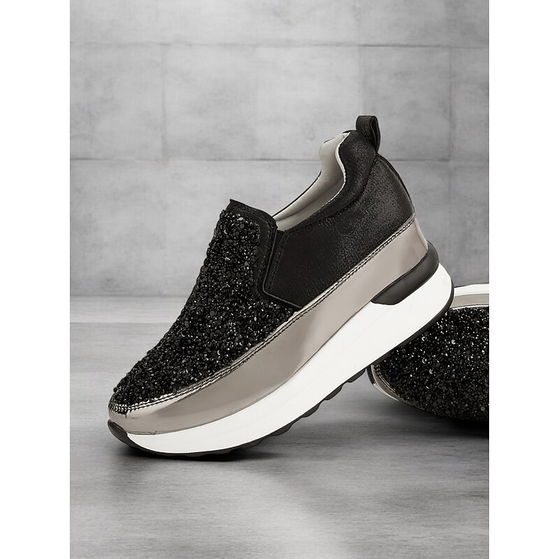 Women's Black Slip-On Sneakers with Glitter Embellishments and Platform Sole – Stylish Casual Shoes for Everyday Wear