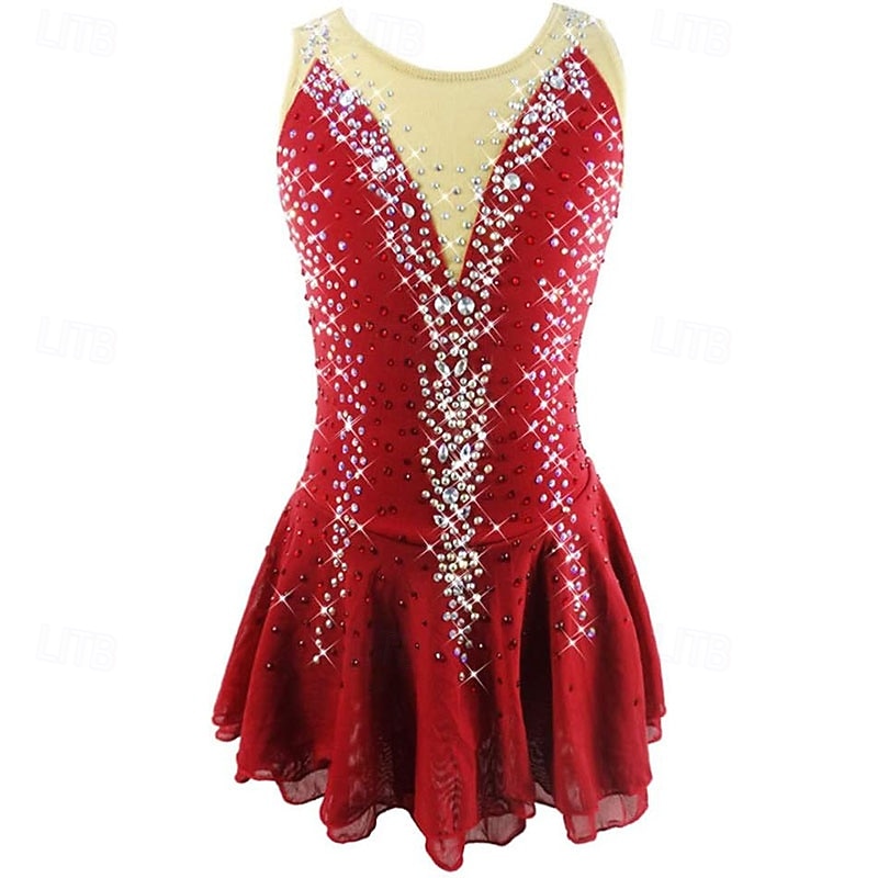 Ice Skating Dress Adult Girls Red Sleeveless Competitions Leotards Competition Costumes