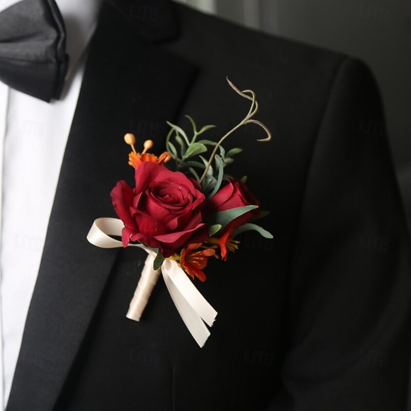 Men's Wedding Boutonniere Pink Red Boutonniere for Groom and Groomsmen Flower Summer Wedding Accessories Suit Decorations4
