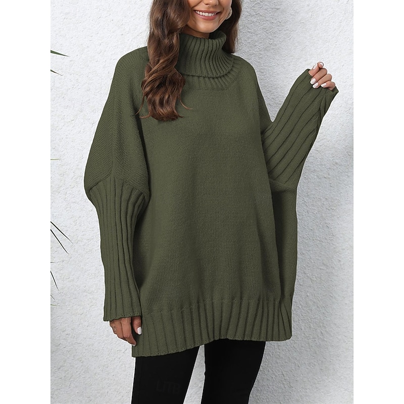 Women's Sweater Casual Soft Pure Color Ribbed Turtleneck Knitted Long Sleeve Regular Tops Knit Outdoor Daily Weekend Navy Blue Green Fall Winter