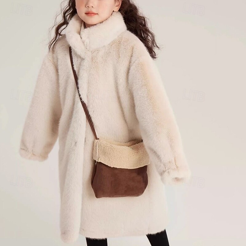 Kids Girls' Faux Fur Coat Solid Color Streetwear Pocket Buttons Formal Coat Outerwear 4 years+ Winter Beige4