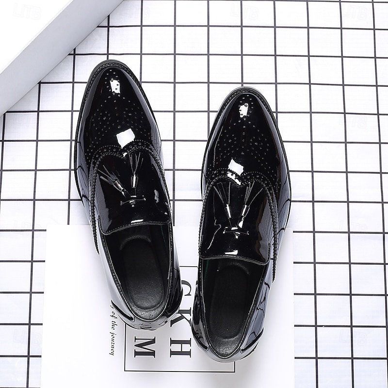 Men's Black Patent Leather Tassel Loafers – Sleek Formal Dress Shoes with Brogue Detailing4
