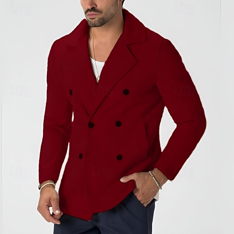 Men's Blazer Trench Coat Casual Daily Lined Traditional / Classic Spring Fall & Winter Woolen Cloth Solid / Plain Color Basic Casual / Daily Double Breasted Blazer Black White Camel Claret-red4