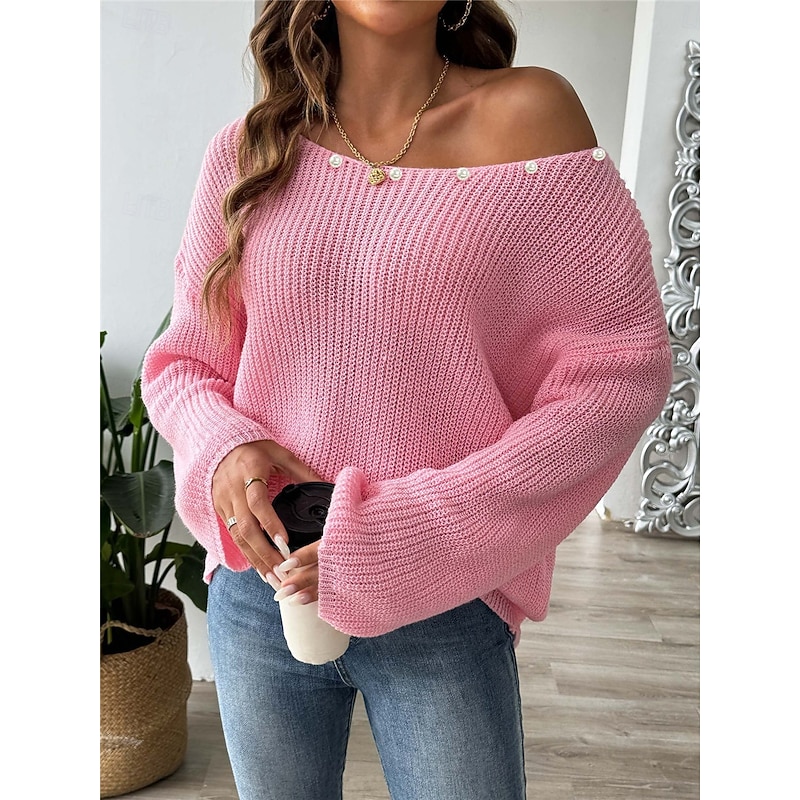 Women's Sweater Casual Soft Pure Color Ribbed Boat Neck Beaded Knitted Long Sleeve Regular Tops Knit Outdoor Daily Weekend Black White Fall Winter2