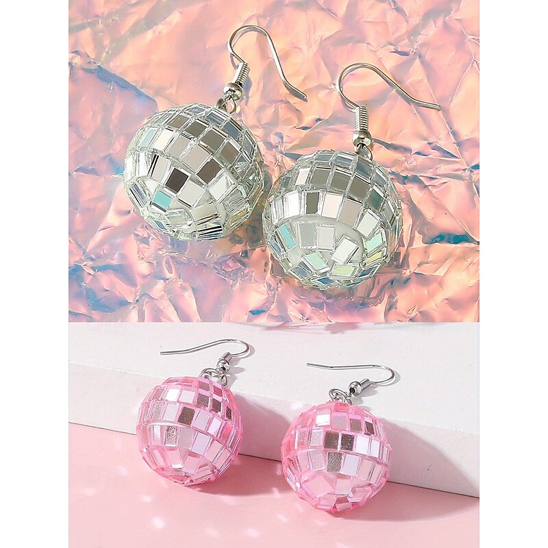 Women's Retro Pink Disco Ball Dangle Earrings – Fun and Sparkly Statement Jewelry for Parties and Events4