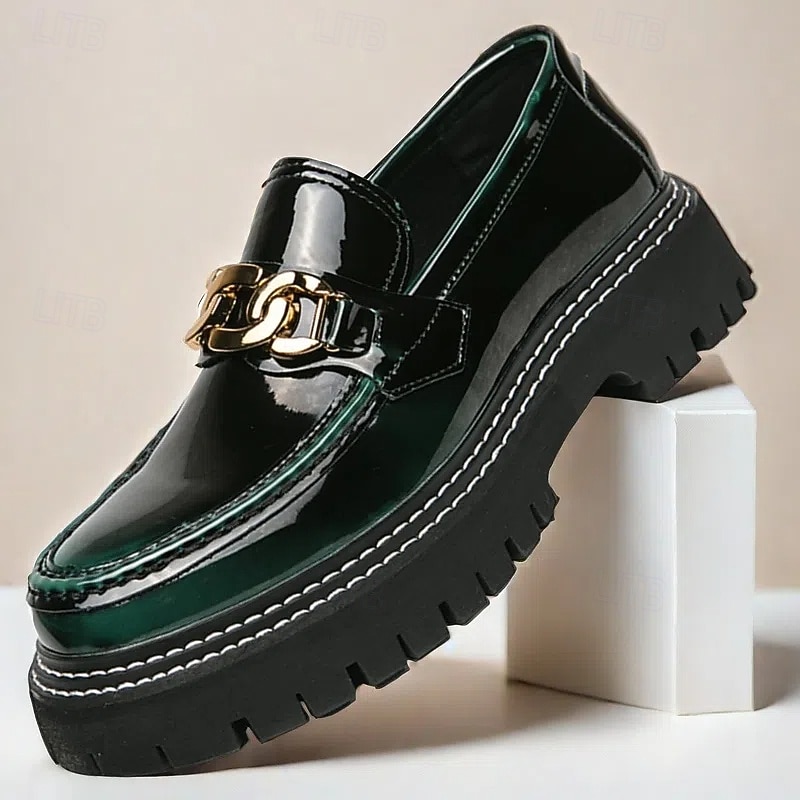Men's Green Patent Faux Leather Loafers with Gold Chain Detail and Chunky Lug Sole – Modern Casual Footwear for Everyday Style