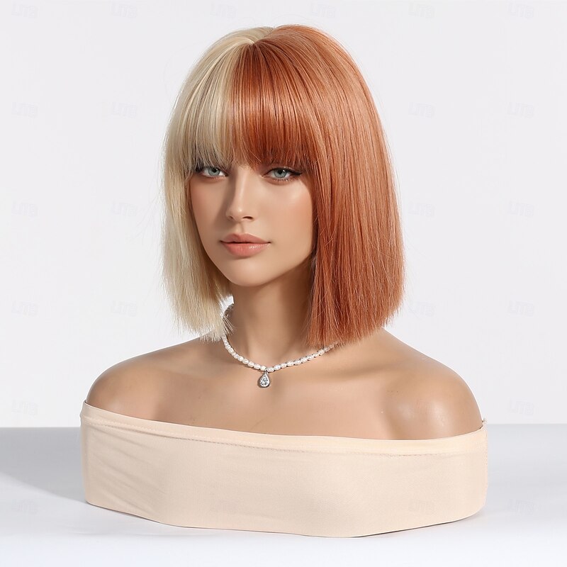 12Inch Synthetic Wigs For Women's Wig  White Blonde Short Curly Bobo Hair with  Bangs Fashion Lovely Christmas Party3