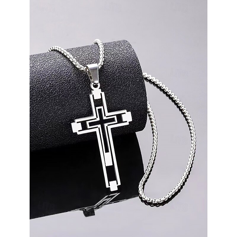 Men's Dual-Tone Stainless Steel Cross Pendant Necklace – Silver and Gold Finish, Modern Religious Jewelry3