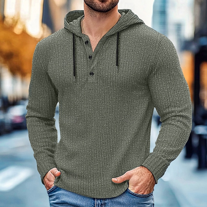 Men's 100% Cotton Ribbed Knit tee Tee Top Long Sleeve Shirt Solid Color Hooded Outdoor Street Long Sleeve Hooded Clothing Apparel Daily Casual Street Style