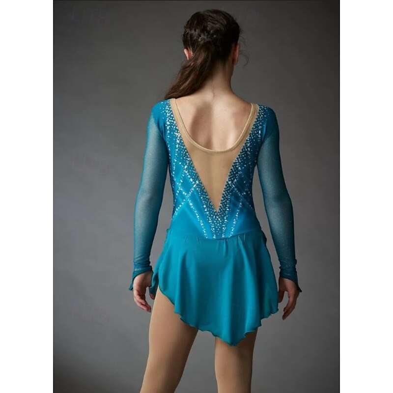 Figure Skating Dress Women's Girls' Ice Skating Dress Lake Blue Patchwork Thumbhole Mesh Spandex Stretchy Training Practice Professional Skating Wear Thermal Warm Crystal / Rhinestone Long Sleeve Ice2