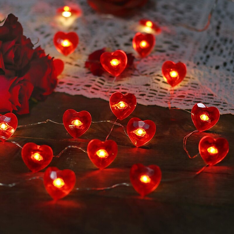 Elegant Wedding Reception Party 3M 30-LED Valentine's Day Red Heart String Lights with Remote 8 Modes for Wedding & Festive Decor AAA Battery Powered