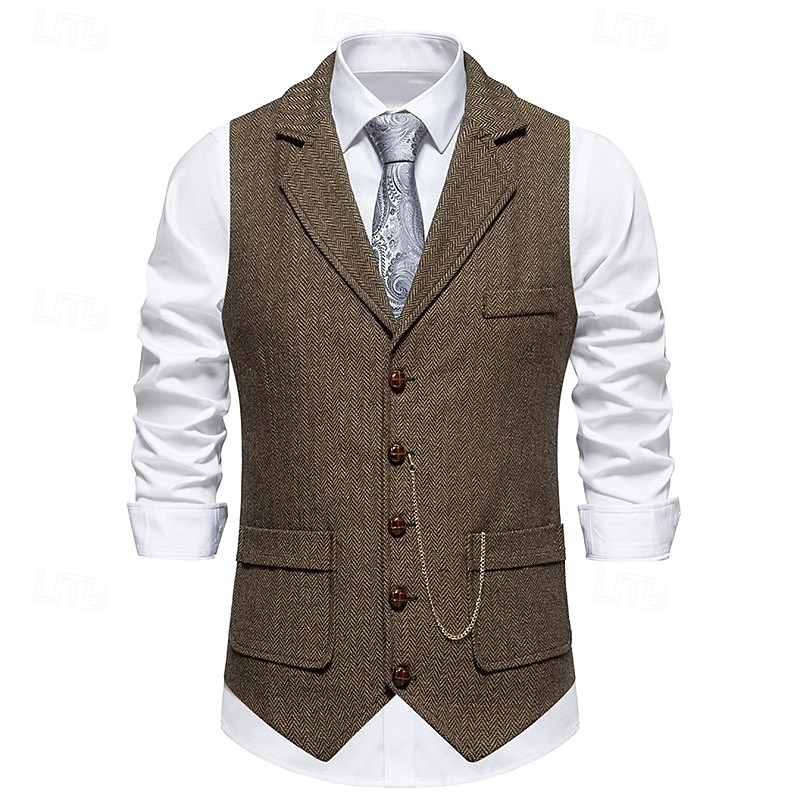 Brown Grey Men's Herringbone Tweed Vest Standard Fit Notch Single Breasted Five-buttons2