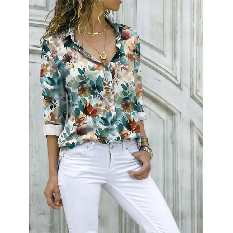 Women's Shirt Button Down Tunic Shirt Collar Long Sleeve Casual s Print Regular Tops Work Daily Green Spring Fall Winter3