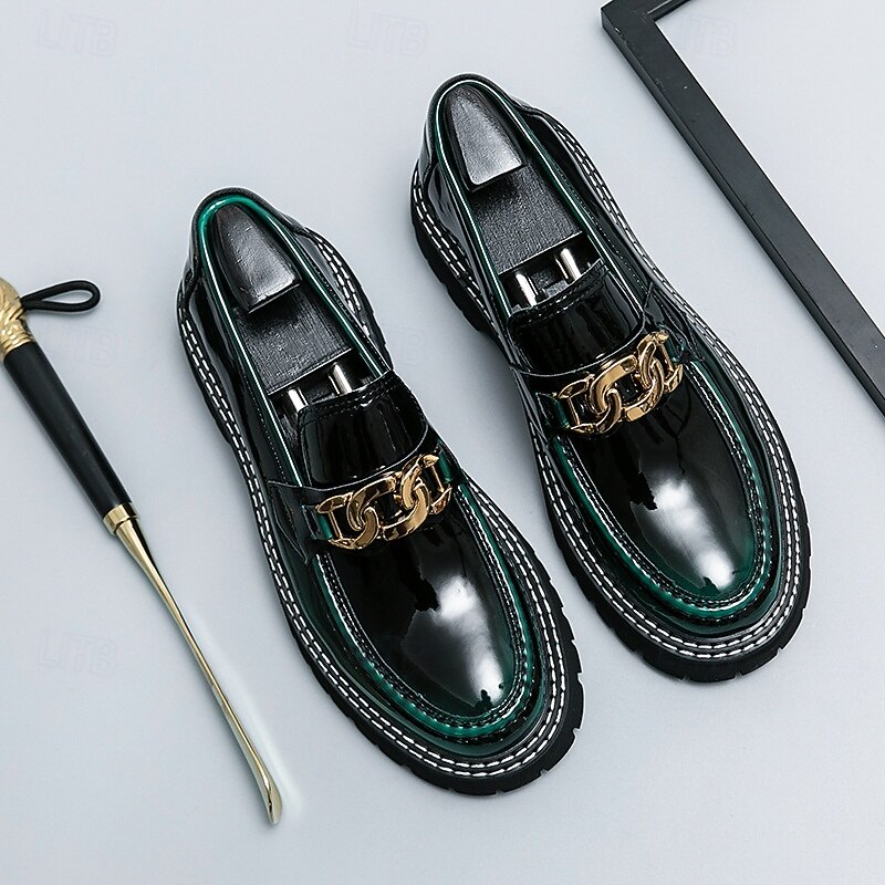 Men's Green Patent Faux Leather Loafers with Gold Chain Detail and Chunky Lug Sole – Modern Casual Footwear for Everyday Style2