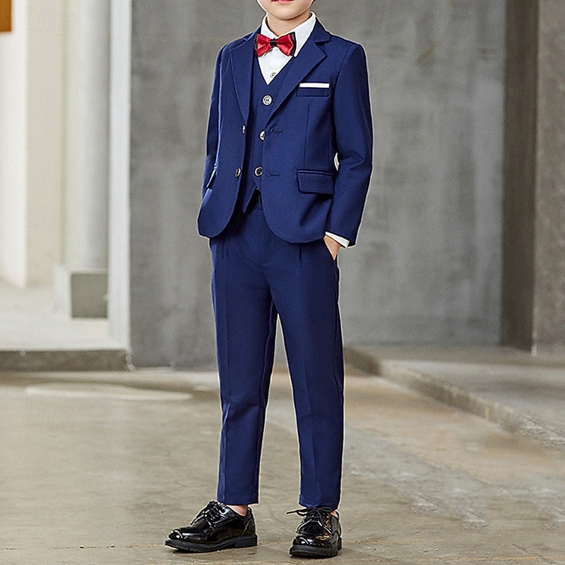 4 Pieces Ring Bearer Suit Boys Kids Suit Formal Suit Blazer & Vest & Pants & Tie Formal Party Valentines Fashion Cool Solid Color Pocket Black Navy Blue Polyester2