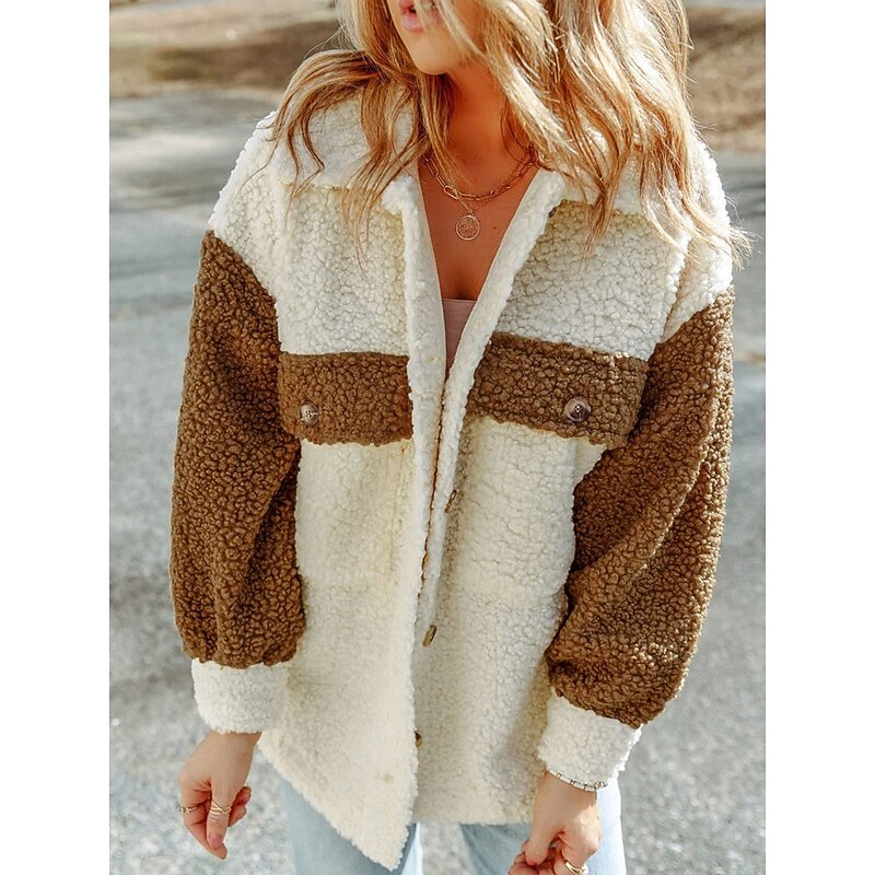 Women's Teddy Coat Hoodie Jacket Warm Breathable Pocket Fleece Lined Casual Plain Vacation Street Daily Wear Going out Single Breasted Regular Turndown Regular Fit Long Sleeve Outerwear Pink Brown3