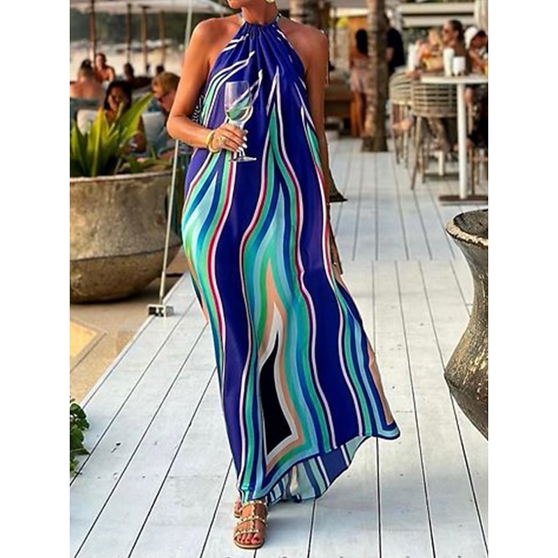 Women's Stripe Halter Neck Maxi Dress Sleeveless Summer Spring - Main Image