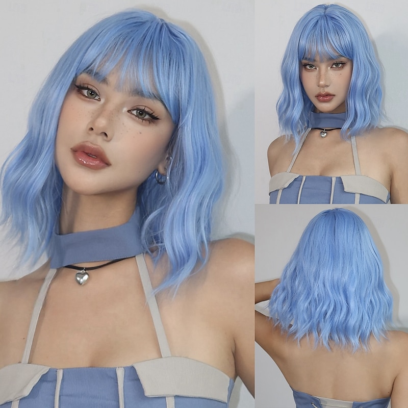 Cosplay Costume Wig Bouncy Curl Bob Neat Bang With Bangs Wig 14 inch Sky Blue Synthetic Hair Women's Elastic Adorable Comfortable Blue