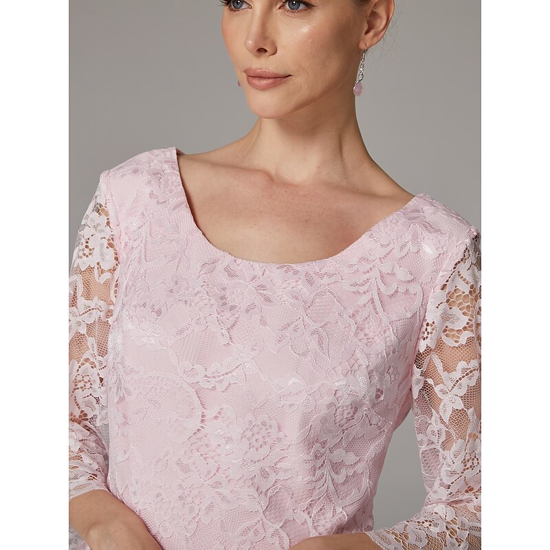 Two Piece A-Line Dress Beach Wedding Suit Mother of the Bride Dress Elegant Plus Size Jewel Neck Tea Length Chiffon Lace Short Sleeve Jacket Dresses with Solid Color4