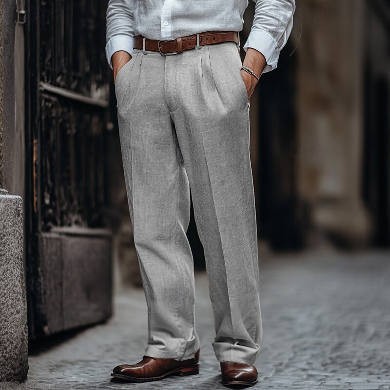 Men's Linen Pants Trousers Summer Pants Pleated Pants Dress Slacks Front Pocket Straight Leg Plain Comfort Breathable Business Casual Daily Fashion Basic Black White4