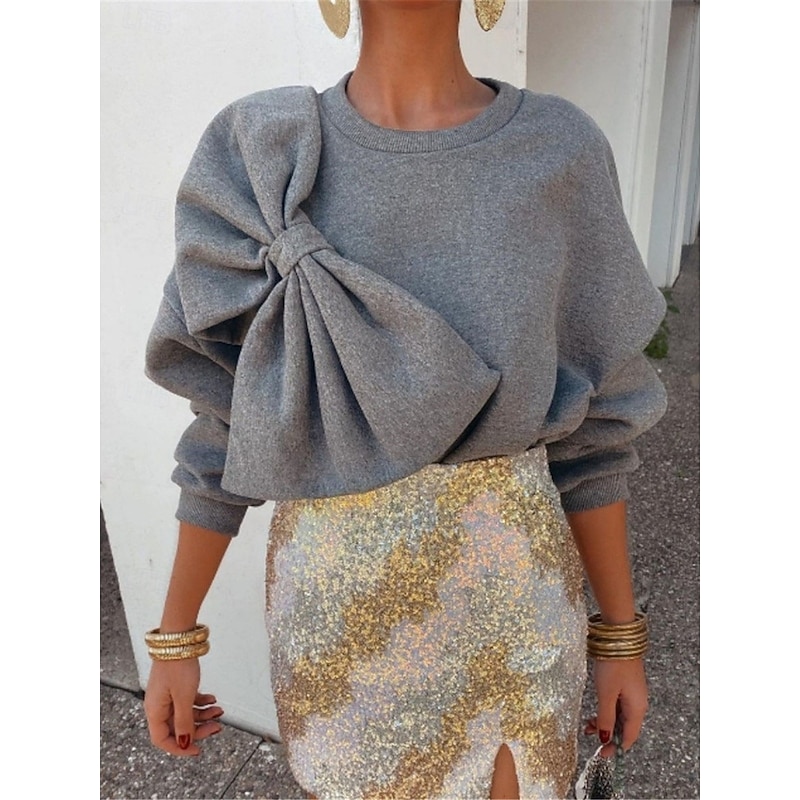 Women's Sweatshirt Casual Plain Street Dailywear Crew Neck Patchwork Long Sleeve Gray Fall Winter