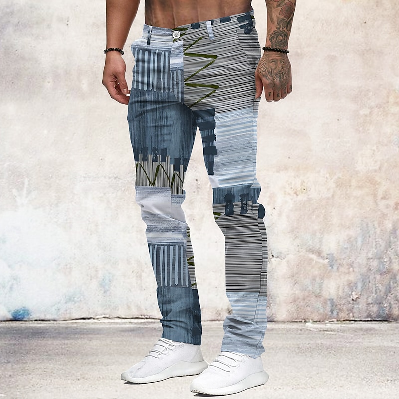 Men's Color Block Patchwork Jeans Dress Pants Mid Waist Business Casual Formal Outdoor Home Zipper Pocket Summer Spring Fall 3D Print Blue