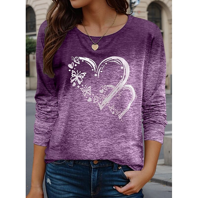 Valentine Women's Heart T Shirt Casual Regular Tops  Print Regular Fit Daily Purple Spring Fall