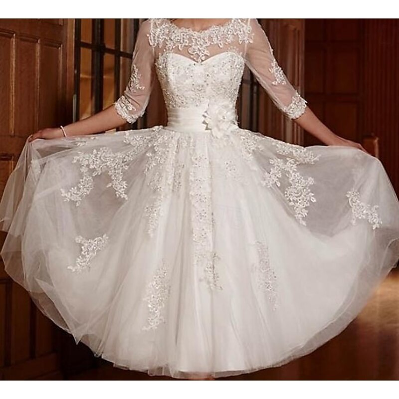 Reception Vintage 1940s / 1950s Little White Dress Bridal Shower Dresses Wedding Dresses A-Line Illusion Neck 3/4 Length Sleeve Tea Length Lace Bridal Gowns With Appliques3