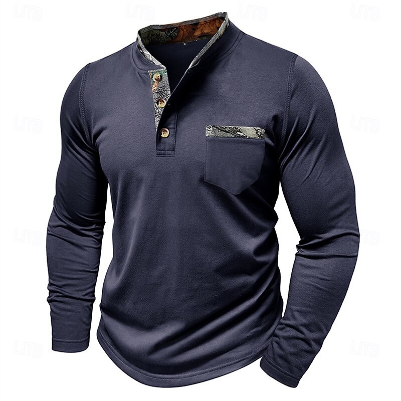 Men's Button T Shirt T Shirt Henley Shirt Tee Long Sleeve Henley Spring &  Fall Color Block Fashion Designer Basic Patchwork Front Pocket Vacation Street Going out Black White Royal Blue Top Tee for