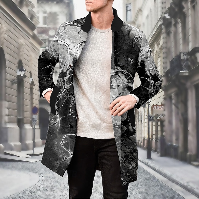 Men's Flowing Quicksand / Liquid Winter Coat Fleece Jacket Overcoat Thermal Comfortable Artistic Casual Outdoor Street Daily Wear 3D Print Buttons Front Pocket Winter Turndown Long Sleeve Black