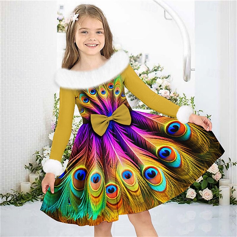 Girls' 3D Peacock Dress Long Sleeve 3D Print Fall Winter Vacation Sports & Outdoor Daily Cute Casual Beautiful Kids 3-12 Years Casual Dress Swing Dress A Line Dress Above Knee Regular Fit4