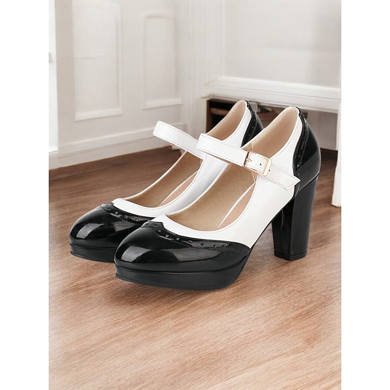 Women's Red and White Mary Jane Heels with Buckle Strap and Block Heels – Vintage-Inspired Dress Shoes for Formal and Party Events