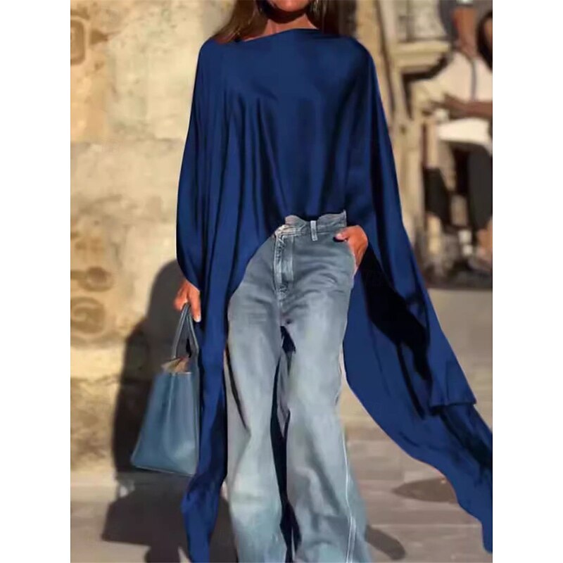 Women's Shirt Elegant Dressy Satin Solid Color Basic Casual Long Sleeve Asymmetrical Strap Long Tops Daily Going out Asymmetric Hem White Wine Blue Fall Winter