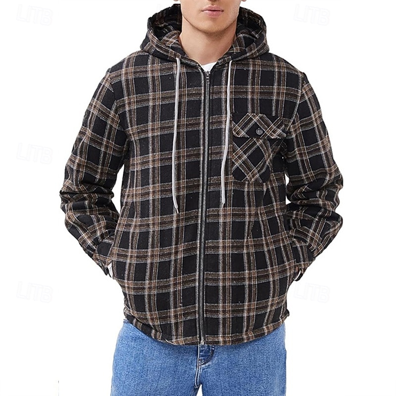 Men's Zip Up Hoodie Full Zip Hoodie Fleece Jacket Black Red Light Blue Hooded Plaid Zip Up Pocket Sports & Outdoor Daily Holiday Polyester Streetwear Basic Casual Fall & Winter Clothing Apparel2