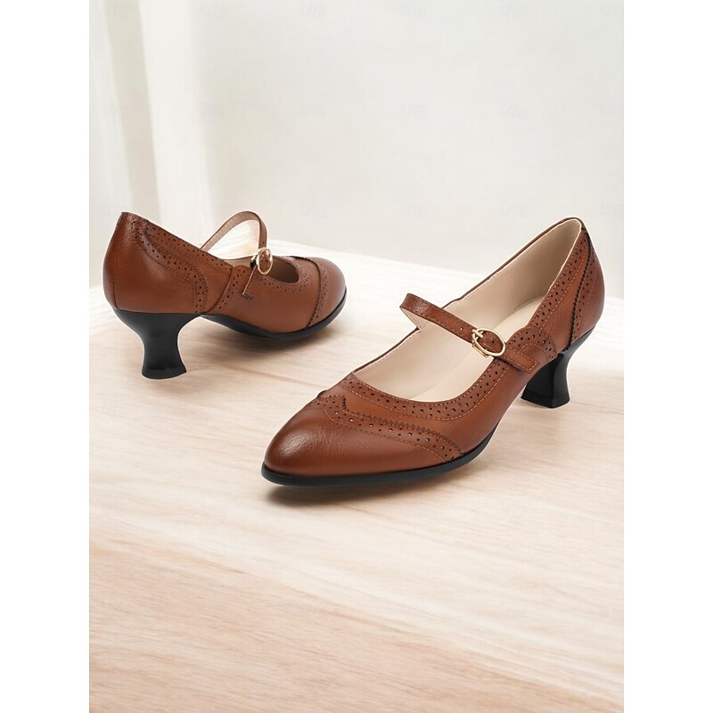 Women's Brown Vintage Gatsby Mary Jane Pumps-Brogue Detailing with Mid Heel for Office, Parties, and Retro Style Outfits2