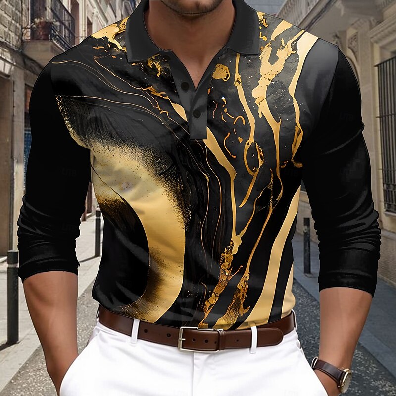 Men's Flowing Quicksand / Liquid Polo Shirts Golf Polos Shirts Long Sleeve Polo Shirts Collar Casual Business Casual Outdoor Street Dailywear Buttons 3D Print Spring Fall Winter Black