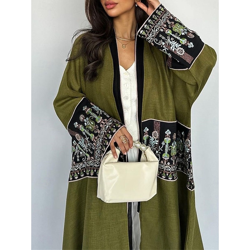 Women's Casual Jacket Daily Wear Summer Spring Fall Maxi Coat Regular Fit Breathable Artistic / Retro Casual Jacket Long Sleeve Floral Embroidered Black Green4