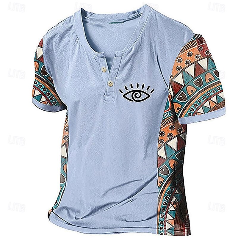 Men's Graphic Color Block Tribal T Shirt Henley Shirt Short Sleeve 3D Printing Designer Ethnic Classic Outdoor Vacation Daily Spring & Summer Dark Brown Blue Sky Blue Brown Green V Neck Henley T-Shirt4