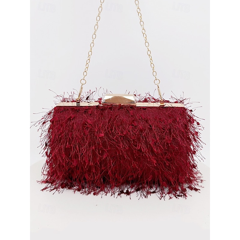 Women's Chic Feathered Evening Clutch with Chain Strap, Elegant Purple Party Purse for Weddings, Proms, and Special Events