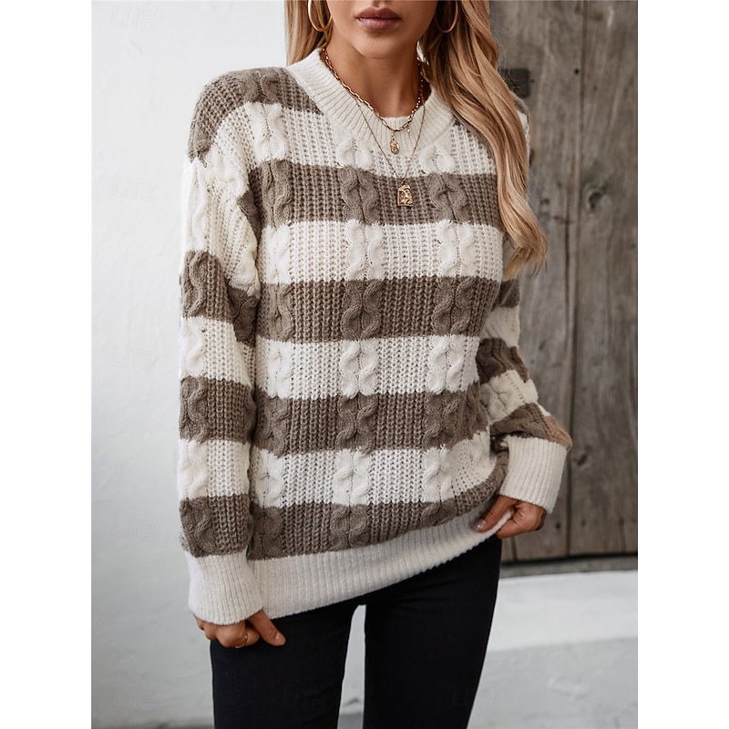 Women's Sweater Casual Soft Striped Ribbed Crew Neck Knitted Long Sleeve Regular Tops Knit Outdoor Daily Weekend Black Coffee Fall Winter4
