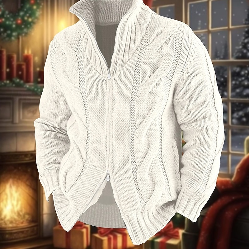 Men's Cardigan Sweater Zip Sweater Chunky Cardigan Cable Regular Knitted Plain Stand Collar Warm Ups Modern Contemporary Casual Daily Wear Clothing Apparel Fall Winter Black White M L XL2
