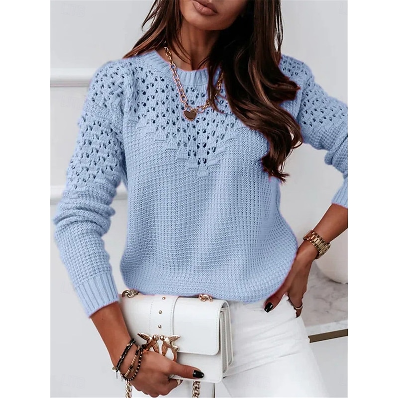Women's Sweater Casual Soft Pure Color Ribbed Crew Neck Hollow Out Knitted Long Sleeve Regular Tops Knit Outdoor Daily Weekend Pink Blue Fall Winter4