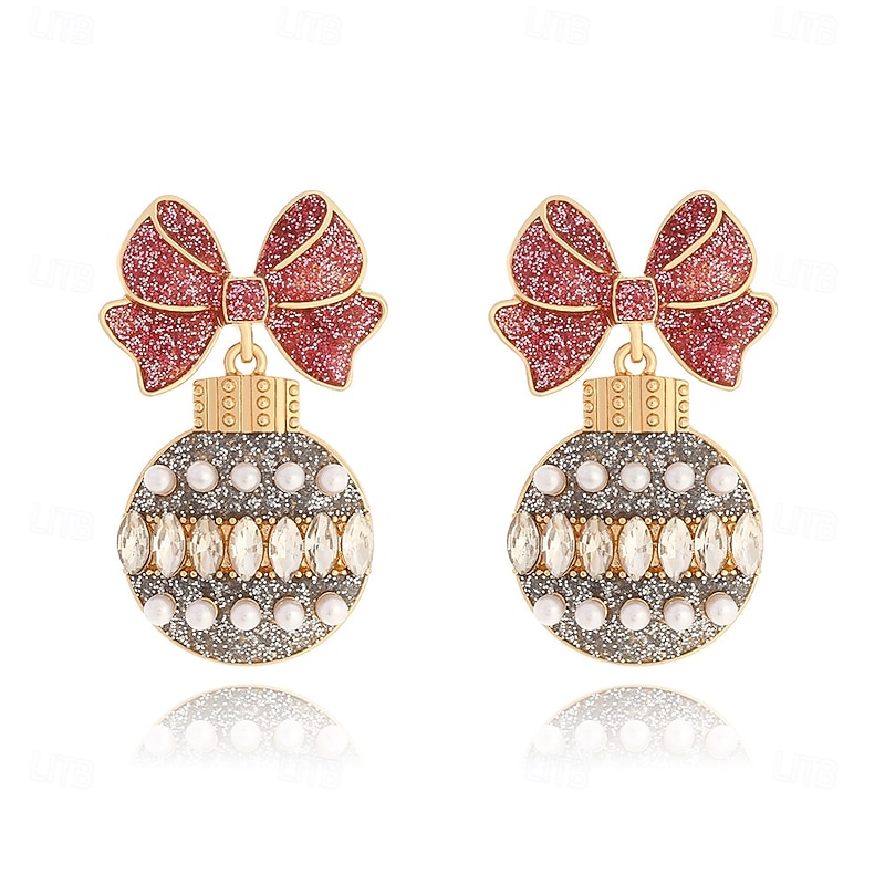 Women's Festive Christmas Ornament Earrings with Red Bow and Green Glitter Accents – Holiday Party Jewelry4