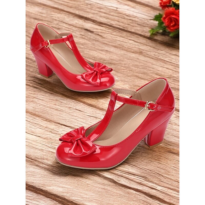 Women's Red T-Strap Heels with Bow Detailing and Block Heels – Elegant Vintage-Inspired Shoes for Parties and Formal Occasions2