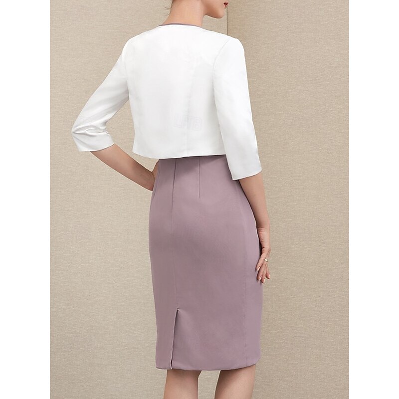 Two Piece Sheath / Column Dress Sets Mother of the Bride Dress Wedding Guest Jewel Neck Knee Length Chiffon Satin Lace 3/4 Length Sleeve Jacket Dresses with Appliques Race Day Dress2