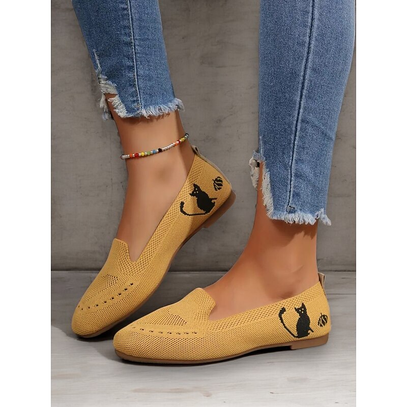 Women's Casual Knit Loafers with Black Cat Design – Breathable Slip-On Flats for Everyday Comfort
