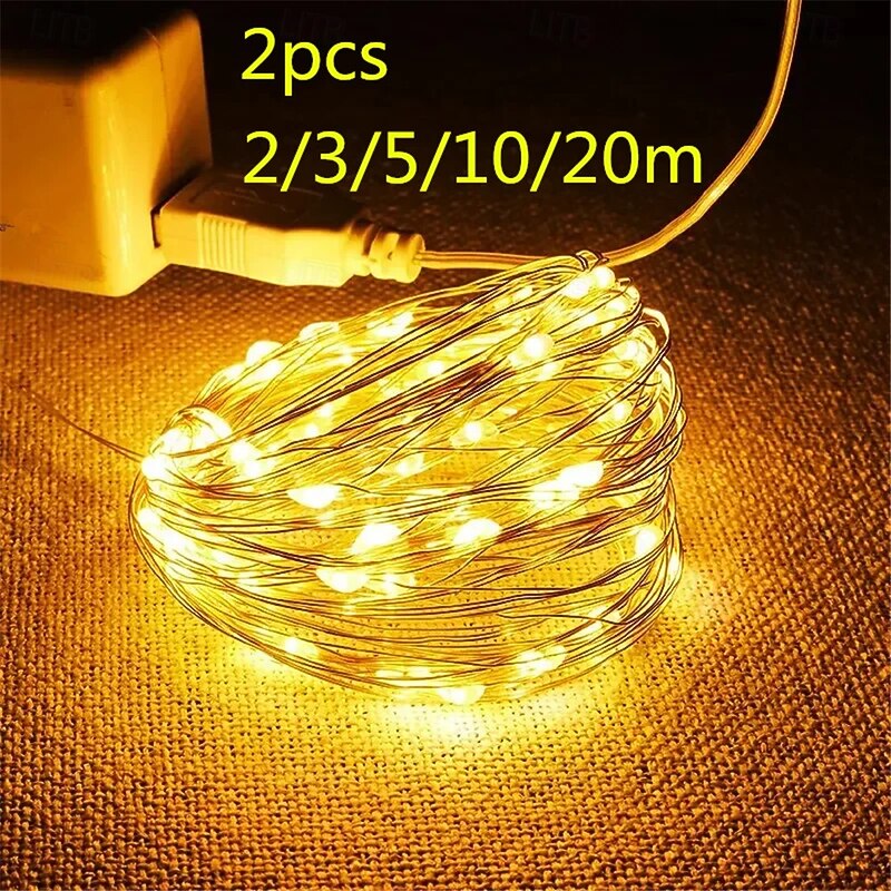 2pcs USB LED String Lights, Copper/Silver Wire Waterproof Fairy Lights 2m 3m 5m 10m 20m for Christmas, Wedding, Party Decor2