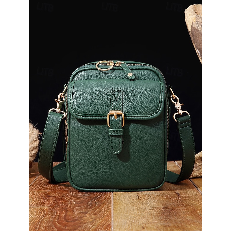 Women's Vintage Brown Faux Leather Crossbody Bag with Front Buckle Detail – Compact and Stylish Design