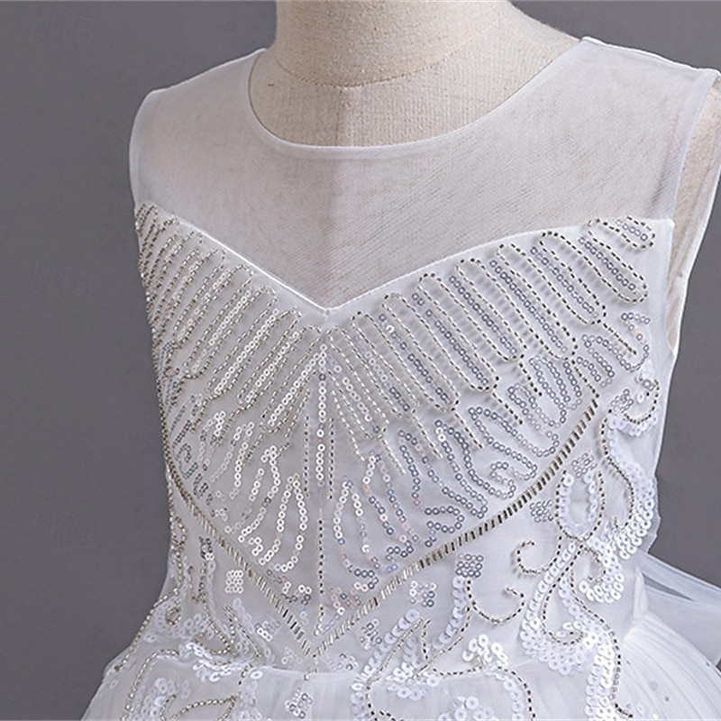 Flower Girl Dress Kid's Girls' Princess Dress Performance Wedding Party Elegant Beautiful Sequins Mesh Solid Color Sleeveless Crew Neck White Champagne 4 years+4